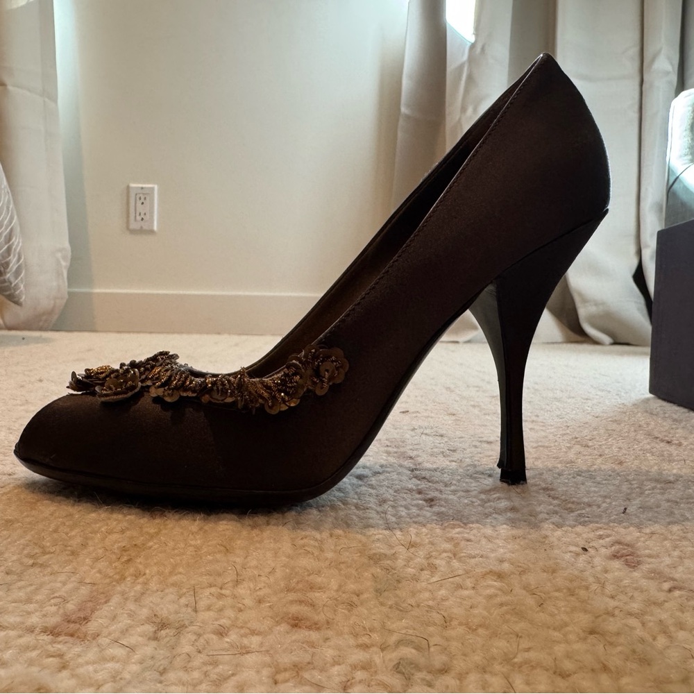 Prada Dark Brown Heels with Gold Embellishments